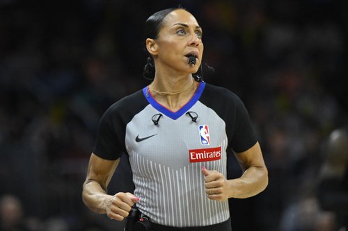 Feb 11, 2026; Cleveland, Ohio, USA; NBA referee Sha'rae Mitchell (98) runs on the court in the third quarter of a game between the Washington Wizards and the Cleveland Cavaliers at Rocket Arena. Mandatory Credit: David Richard-Imagn Images