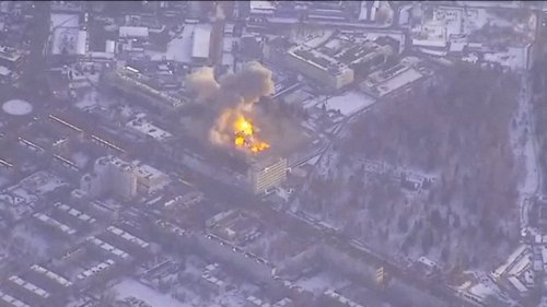 Smoke rises amid explosions from a Ukrainian strike on a Russian