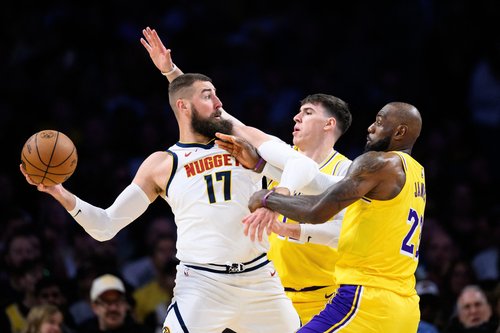 Mar 14, 2026; Los Angeles, California, USA; Denver Nuggets center Jonas