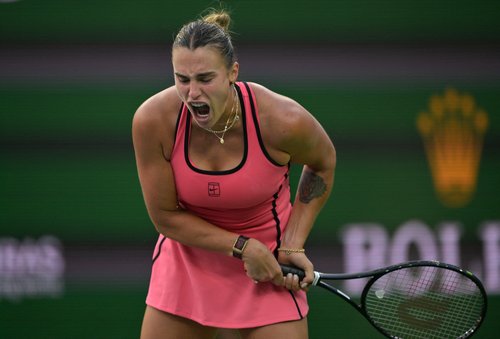 Mar 13, 2026; Indian Wells, CA, USA; Aryna Sabalenka (BEL) reacts after winning a