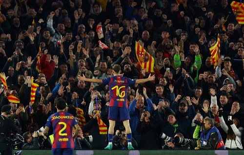 Soccer Football - UEFA Champions League - Round of 16 - Second Leg - FC Barcelona v Newcastle United - Spotify Camp Nou, Barcelona, Spain - March 18, 2026 FC Barcelona's Fermin Lopez celebrates scoring their fourth goal REUTERS/Albert Gea TPX IMAGES O