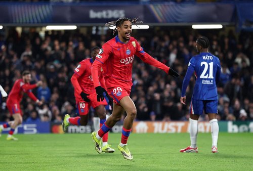 Soccer Football - UEFA Champions League - Round 16 - Second Leg - Chelsea v Paris St Germain - Stamford Bridge, London, Britain - March 17, 2026 Paris St Germain's Bradley Barcola celebrates scoring their second goal REUTERS/David Klein TPX IMAGES OF