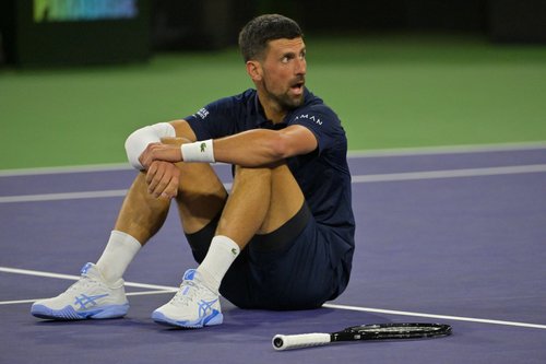Mar 11, 2026; Indian Wells, CA, USA; Novak Djokovic (SRB) takes a moment on the court after a long rally during his fourth round match against Jack Draper (GBR) in the BNP Paribas Open at the Indian Wells Tennis Garden. Mandatory Credit: Jayne Kamin-Once