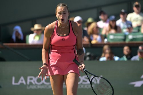 Mar 15, 2026; Indian Wells, CA, USA; Aryna Sabalenka (BEL) reacts after a point during the womenŐs final defeating Elena Rybakina (KAZ) in the BNP Paribas Open at the Indian Wells Tennis Garden. Mandatory Credit: Jayne Kamin-Oncea-Imagn Images