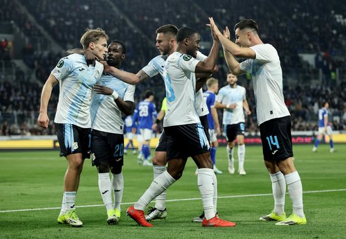 Soccer Football - UEFA Conference League - Round of 16 - Second Leg - RC Strasbourg v Rijeka - Stade de la Meinau, Strasbourg, France - March 19, 2026 Rijeka's Toni Fruk celebrates scoring their first goal with teammates REUTERS/Christian Hartmann