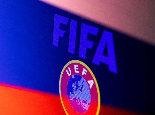 Illustration shows FIFA and UEFA logos and Russian flag