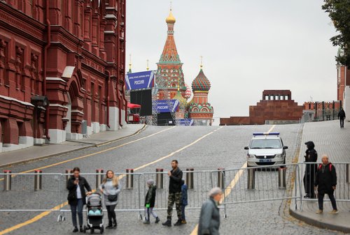 FILE PHOTO: A view shows banners and constructions for a stage in Red Square in Moscow