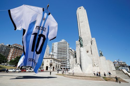 An-18-meter long Argentina shirt featuring soccer star Lionel Messi's surname is displayed at the Monumento a la Bandera (The National Flag Memorial), in Rosario