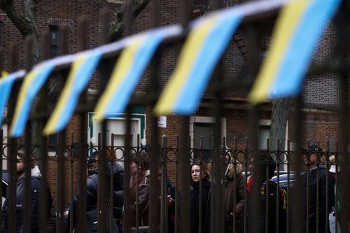 Ukrainian refugees attend a job fair in Brooklyn, New York