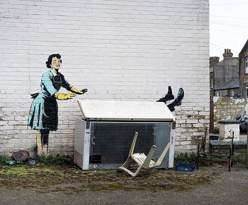 An artwork depicting violence against women, painted by street artist Banksy for the occasion of Valentines Day, in Margate