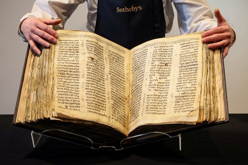 The Codex Sassoon, the earliest and most complete Hebrew Bible ever discovered, is displayed at Sotheby's in New York City