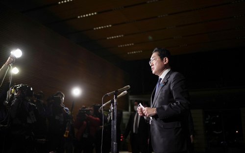 Japan's Prime Minister Fumio Kishida speaks to media at his officvial residence after North Korea fired a ballistic missile in Tokyo