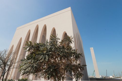 A view shows the exterior of a mosque at the Abrahamic Family House in Abu Dhabi