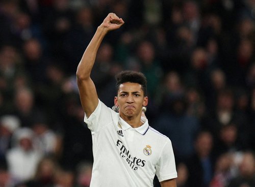 FILE PHOTO: Real Madrid's Alvaro Rodriguez celebrates scoring against Atletico Madrid in LaLiga