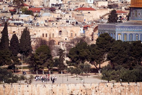 A view taken from the Mount of Olives shows a group of Jewish visitors on the Al-Aqsa compound, also known to Jews as Temple Mount, in Jerusalem's Old City