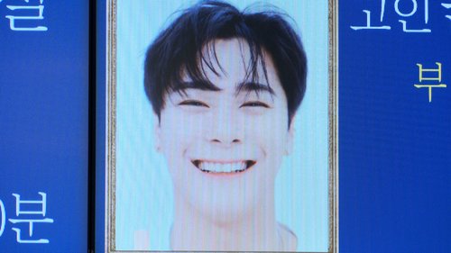 A portrait of Moonbin, a member of South Korean boy band Astro, is seen at a funeral home in Seoul