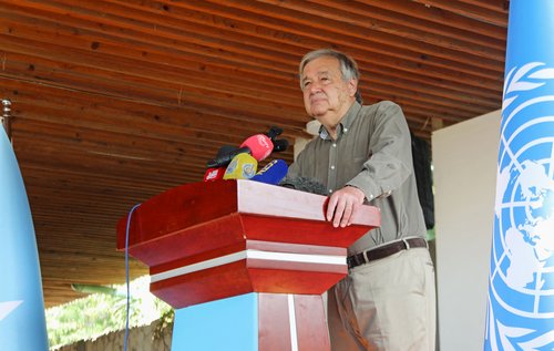 U.N. Secretary-General Antonio Guterres addresses a news conference at the U.N. Base in Halane Mogadishu
