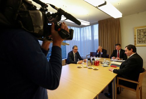FILE PHOTO: Serbian President Vucic, Kosovar PM Kurti and EU foreign policy chief Borrell attend talks in Brussels