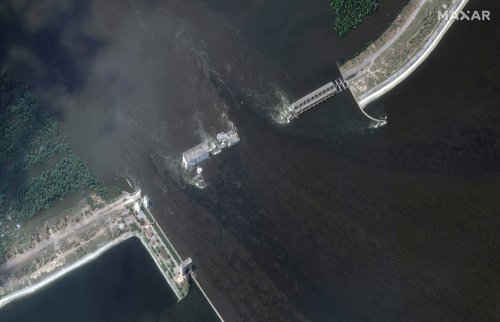FILE PHOTO: A satellite image shows the Nova Kakhovka Dam and hydroelectric plant after its collapse