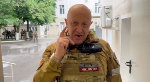 Founder of Wagner private mercenary group Yevgeny Prigozhin speaks in the headquarters of the Russian southern army military command center in the city of Rostov-on-Don