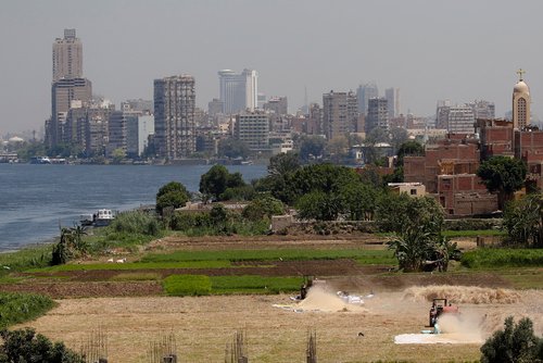FILE PHOTO: Farmers use a threshing machine as they harvest their wheat crop at a farmland on an island on the River Nile next to the capital city of Cairo
