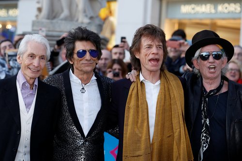FILE PHOTO: Members of the Rolling Stones arrive for the "Exhibitionism" opening night gala at the Saatchi Gallery in London