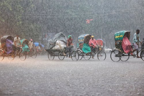 Rickshaws move on the street during continuous rain in Dhaka