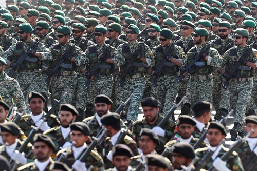 Iranian armed forces members march during the annual military parade in Tehran