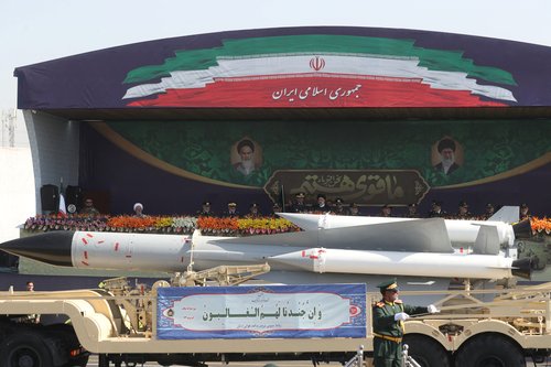 An Iranian missile is seen during the annual military parade in Tehran
