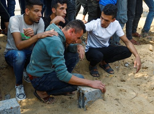 Funeral of Palestinians from Samour family, who were killed in Israeli strikes on their house, in Khan Younis
