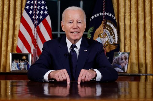 U.S. President Joe Biden delivers an address to the nation from the Oval Office of the White House in Washington
