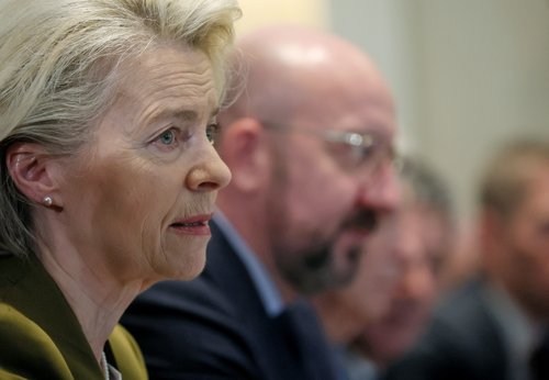 U.S. President Biden holds a trilateral meeting with President of the European Council Charles Michel and European Commission President Ursula von der Leyen at the White House in Washington