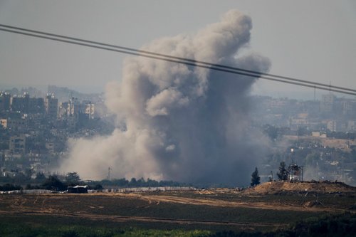 Smoke rises after an explosion in Gaza, amid the ongoing conflict between Israel and the Palestinian group Hamas, as seen from south Israel