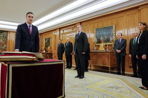 Spain's PM Sanchez takes the oath of office during a ceremony at Zarzuela Palace in Madrid