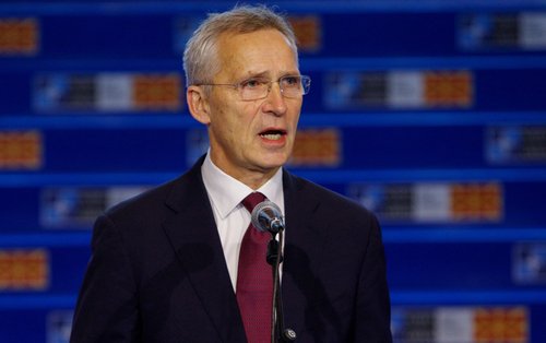 NATO Secretary-General Jens Stoltenberg speaks during the opening of an informal meeting with leaders of the alliance's members in the Western Balkans in Skopje