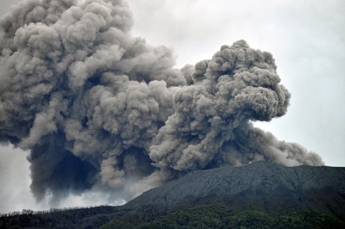 Mount Marapi volcano spews volcanic ash as seen from Nagari Batu Palano in Agam