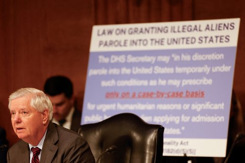 U.S. Senator Lindsey Graham (R-SC) questions Homeland Security Secretary Alejandro Mayorkas during a Senate Appropriations committee hearing