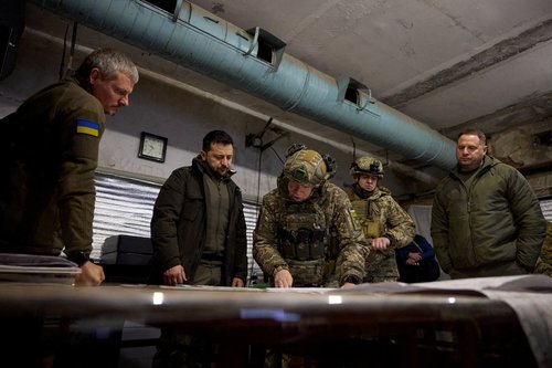 FILE PHOTO: Ukraine's President Zelenskiy visits Ukrainian troops in Kupiansk