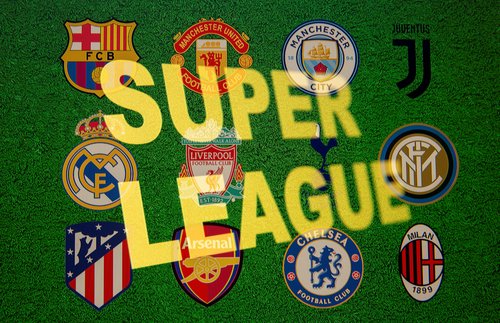 FILE PHOTO: Super League words are seen in front of twelve of Europe's top football clubs logos in this illustration