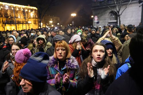 Opposition supporters protest in front of the state election commission in Belgrade