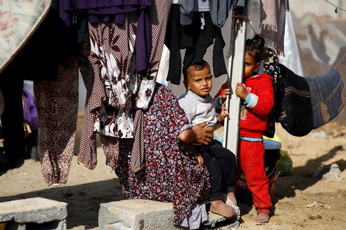 Displaced Palestinians shelter in tent camp in Rafah, southern Gaza Strip