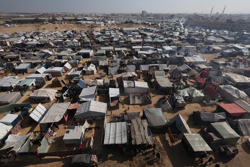 Displaced Palestinians shelter in a tent camp in Rafah, southern Gaza Strip