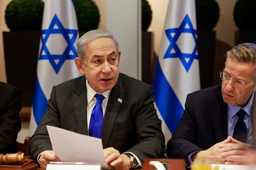 Israeli Prime Minister Benjamin Netanyahu chairs a cabinet meeting at the Kirya