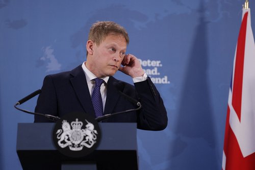 Britain's Defence Secretary Grant Shapps gives a speech at Lancaster House in London