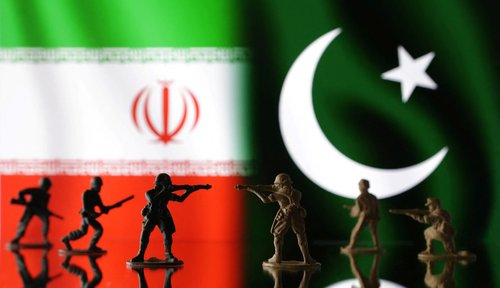 Illustration shows solider miniatures, Iranian and Pakistani flags