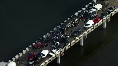 Aerials show aftermath of chain-reaction crash involving dozens of vehicles on Chesapeake Bay Bridge