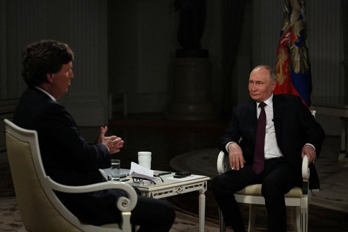Russian President Vladimir Putin gives interview to U.S. television host Tucker Carlson in Moscow