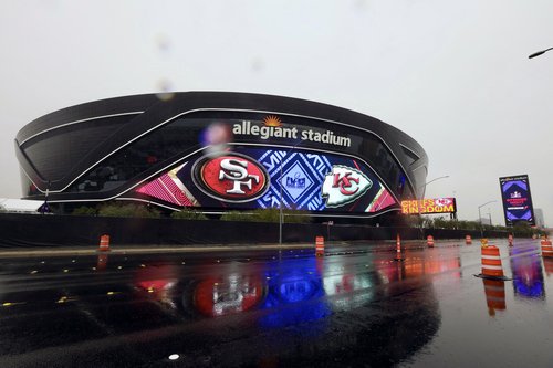 Allegiant Stadium, where SuperBowl 58 will be held, is seen during a rain storm in Las Vegas, Nevada