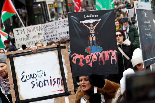People demonstrate to demand ceasefire and exclude Israel from the Eurovision Song Contest, in Stockholm