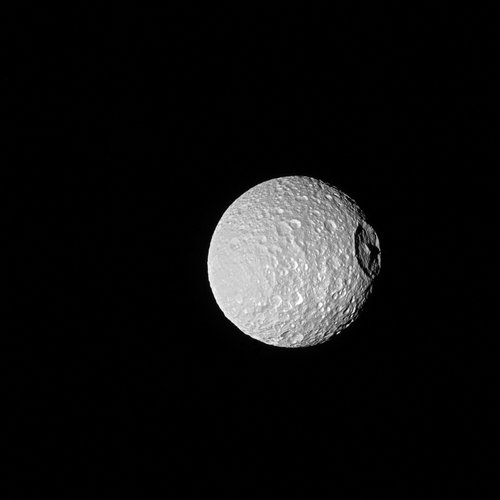 Saturn's moon Mimas is seen in this image from NASA's Cassini spacecraft